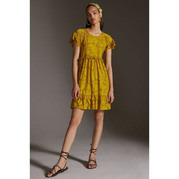 Anthropologie Playful Ruffle Knit Mini Dress Size Medium Mustard Yellow lined N1 - Picture 2 of 10